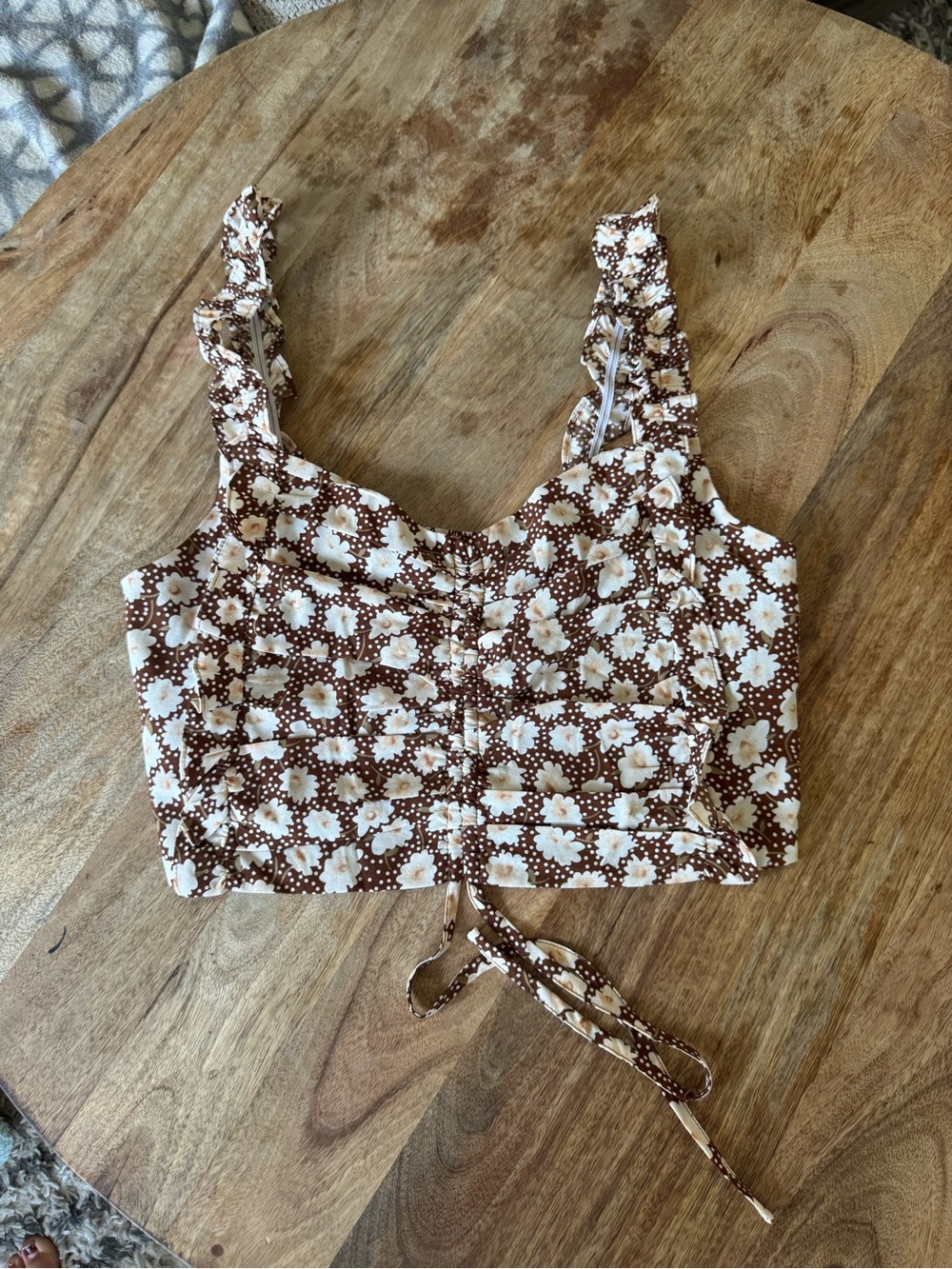 Papaya Brown and Cream Floral Ruffle-Strap Crop Top